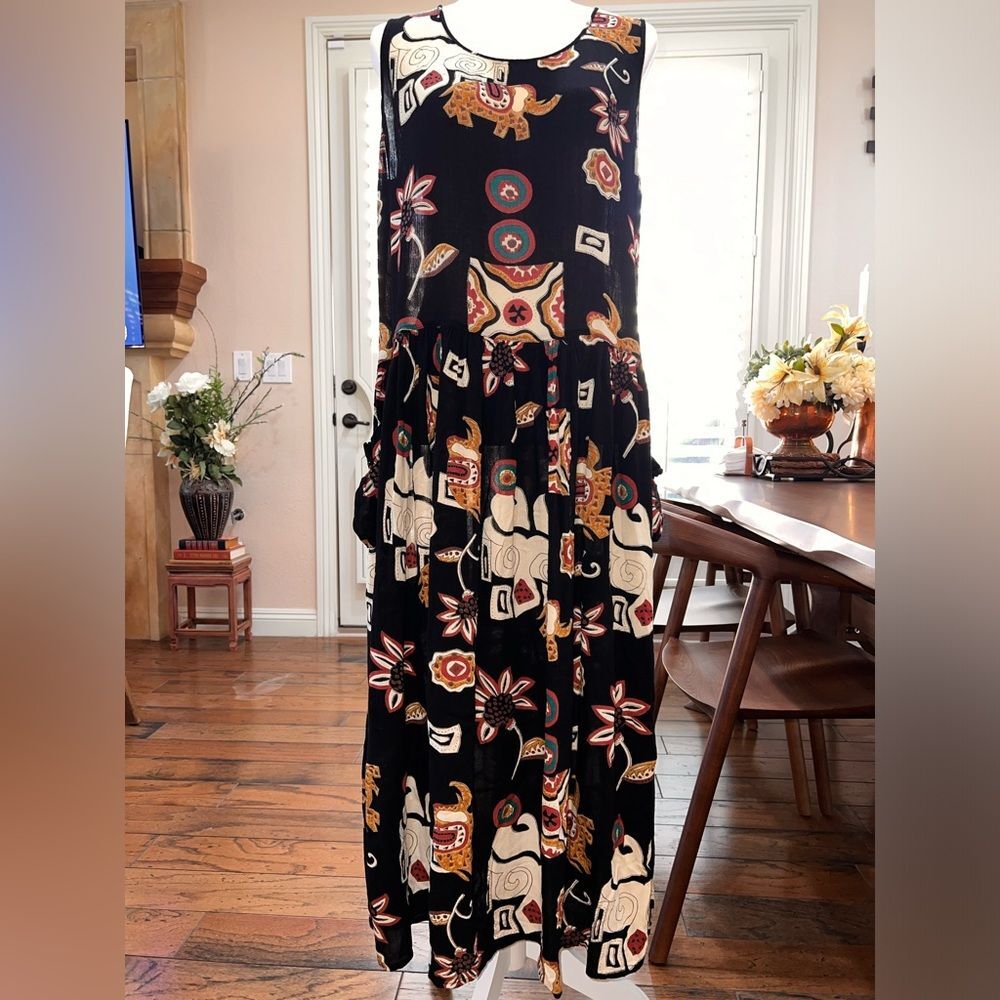 Bila Boho Midi Dress Black Tribal Elephant Print Sleeveless Pockets Festival L